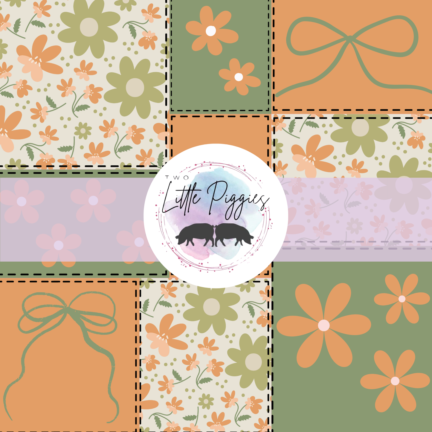 Printed Vinyl - Patchwork - Green and Orange Bows and Flowers
