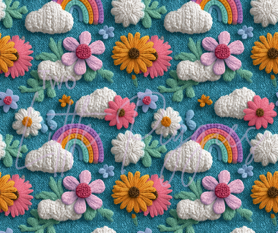 Printed Vinyl - Embroidered Rainbows and Flowers