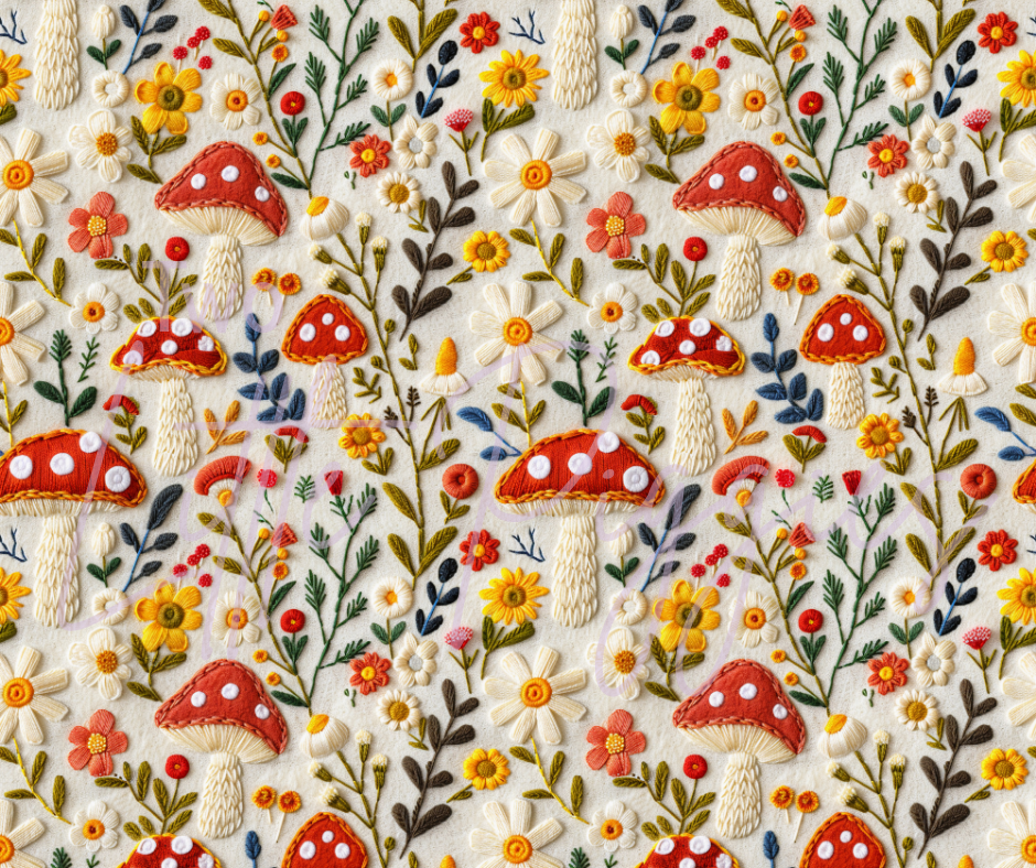 Printed Vinyl - Embroidered Mushrooms