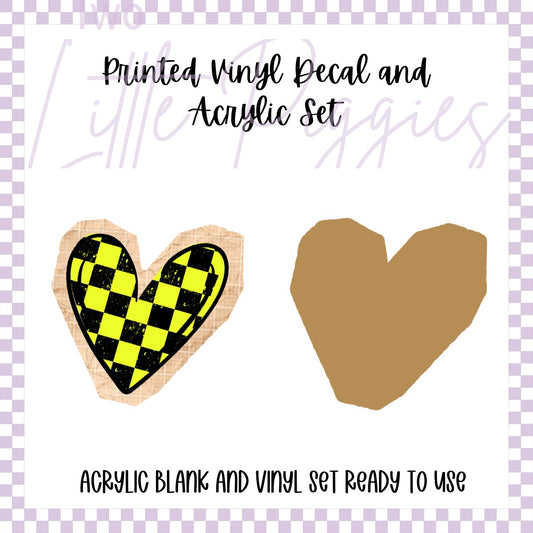 Printed Vinyl and Acrylic Set - Neon Yellow Checkered Heart